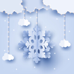 Illustration on a blue background with clouds and snowflake, paper cut style, vector.