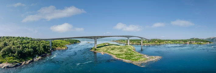 Deurstickers A sweeping drone super panorama captures the Saltstraumen Bridge arching over the world's strongest tidal current © Artem