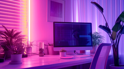 Desk with monitor - Neon lighting - Computer aesthetics.