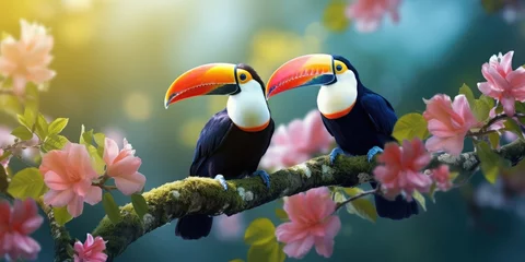 Papier Peint photo Toucan Hyper realistic photo quality double toucans on a blooming branch 
