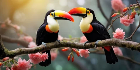 Poster Hyper realistic photo quality double toucans on a blooming branch © Thuch