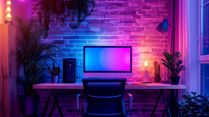 Desk with monitor - Neon lighting - Computer aesthetics.