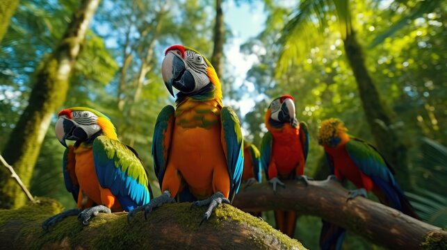 Huge trees and colorful birds in the Amazon rainforest, track photography, photo grade, 