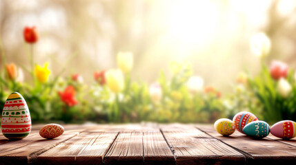 wooden table with colorful Easter eggs, spring sunny morning - obrazy, fototapety, plakaty