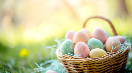 Fototapeta na wymiar Multi-colored Easter eggs in a wicker basket on a delicate blurred background