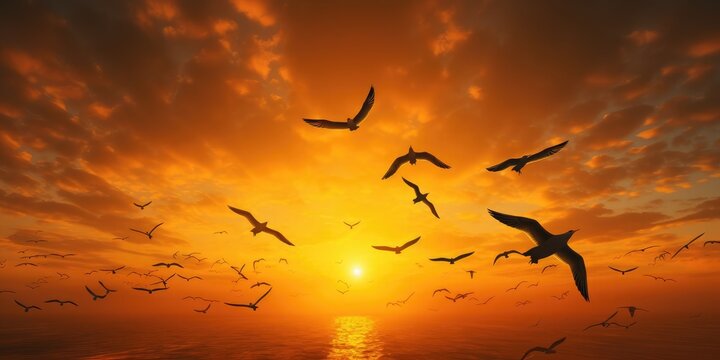 It is sunset and a flock of birds is flying across the orange sky, abstract photography,