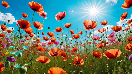 Fototapeta premium Colorful poppy flowers in the meadow against blue sky at sunny day.Natural floral background. Banner for design.AI generated.