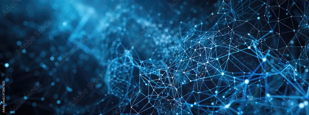 Poster abstract blue technology background with a cyber network and connected particles. artificial intelli