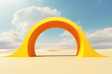 Surreal desert landscape with white clouds going into the yellow square portals on sunny day.