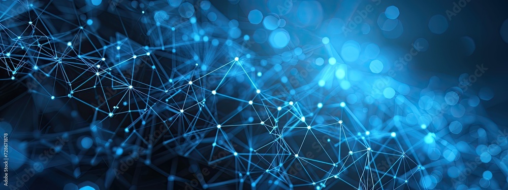 Poster abstract blue technology background with a cyber network and connected particles. artificial intelli