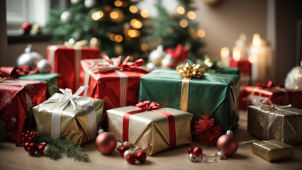 Fototapeta na wymiar Festive Artistry: Christmas Wrapping Gifts in a Florist Workshop - Photo Set