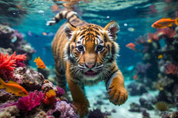 cute tiger cub swimming underwater in a tropical sea with curious eyes