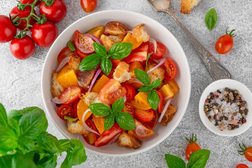 Traditional italian tomato salad panzanella with red onion, fresh basil and croutons in a bowl. Summer salad.