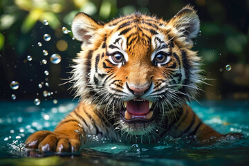Fototapeta na wymiar cute tiger cub swimming underwater in a tropical sea with curious eyes