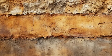 Compact layers of natural earth tones create a rammed earth wall with a fine grain dirty surface It is made of mixed soil gravel sand lime or cement over a clay background of old brown, Generative AI
