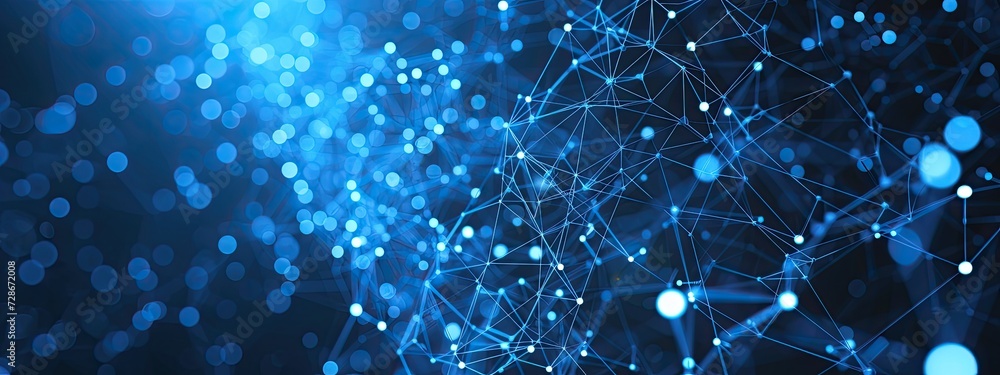 Poster abstract blue technology background with a cyber network and connected particles. artificial intelli