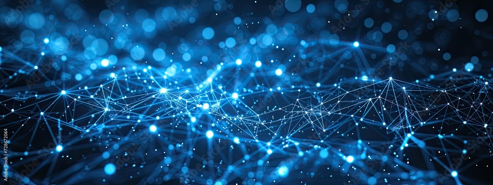 Poster abstract blue technology background with a cyber network and connected particles. artificial intelli