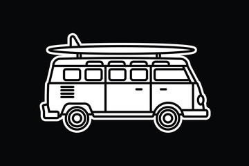 Original vector illustration. A van with a surfboard on the roof. A contour icon.