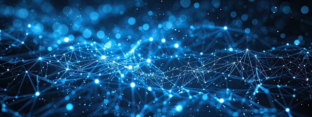 Obraz premium Abstract blue technology background with a cyber network and connected particles. Artificial intelligence, global data connections, futuristic