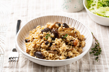 Mushroom barley risotto or orzotto in a white plate on a line  tablecloth. Made with pioppini and porcini mushrooms. Green salad on background. Italian Vegan food.