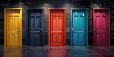 Multiple closed doors of various colors against a dark wall ing, Generative AI