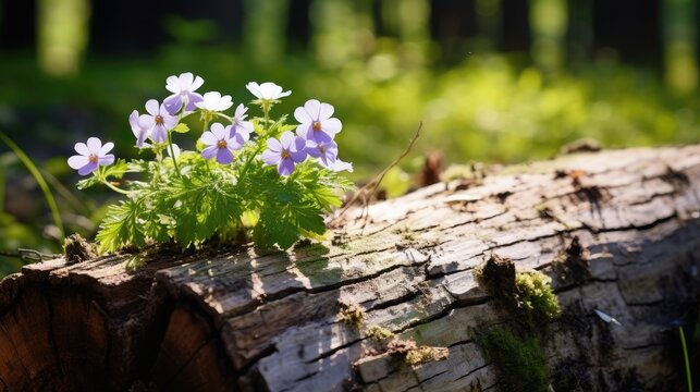 Simple tree log with flowers growing out of it in the forest photographic 