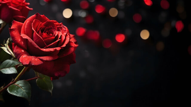Red roses with bokeh lights background. Valentine's day concept.