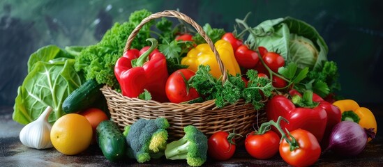 Basket of various fresh vegetables on a contrasting floor.