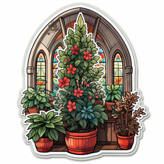 Potted Plants by Stained Glass Window Illustration

 - obrazy, fototapety, plakaty