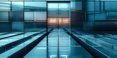 Close up of modern architecture in an industrial or office building with a metal wall glass door and a hi tech geometric steel structure featuring rectangles and parallel, Generative AI