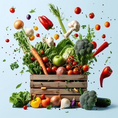 Vegetables flying in a wooden box on a blue background, Generative AI