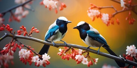 Fototapeta premium Two beautiful magpies, with blue feathers and red beaks, perched on a flower branch.