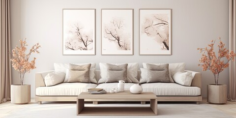 Fototapeta na wymiar Modern, stylish living room with neutral sofa, furniture, mock up poster frames, dried flowers, coffee tables, and elegant decor.