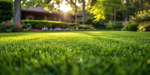 Newly mowed lawn in a residential yard, Generative AI - obrazy, fototapety, plakaty