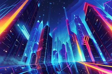 Ingelijste posters City of Luminescence: Futuristic Neon Lights Adorn the Skyline © maikuto