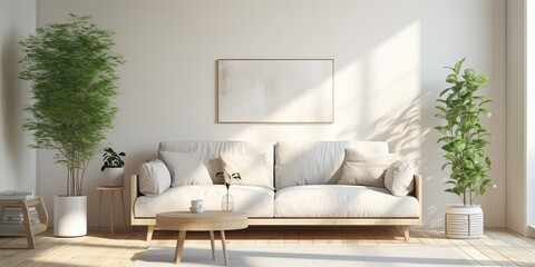 Daylight interior design with comfortable sofa in living room.