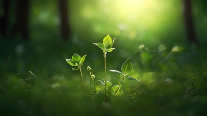 vibrant green sprouts bathed in soft sunlight. Set in a serene forest, it evokes growth, nature, and tranquility. Ideal for eco friendly designs or nature-themed content. High quality photo