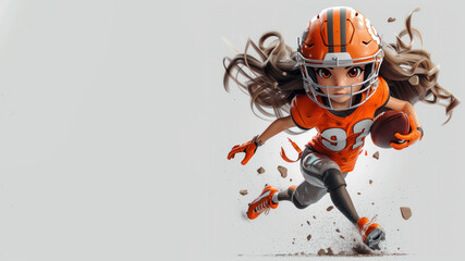 A woman cartoon american football player in orange jersey isolated on gray