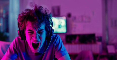 Fototapeta premium Gamer Losing at Video Games in Neon-lit Room: Frustration and Intensity in Digital Competition