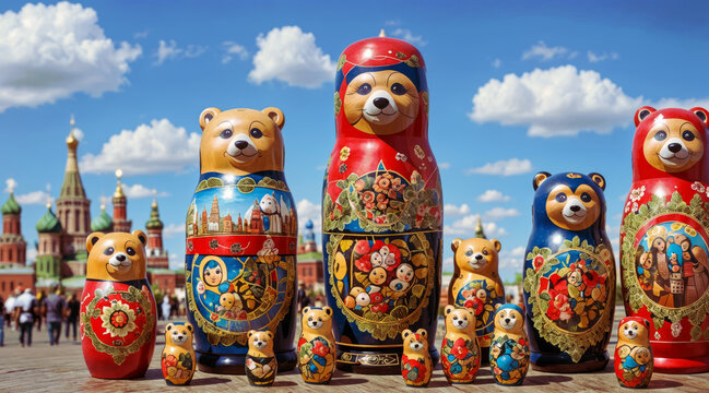 Matryoshka dolls in the form of bears against the background of Moscow. AI