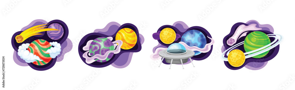 Poster cosmos with celestial body and flying spaceship on fluid purple shape vector composition set