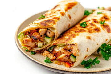 chicken shawarma wrap burrito isolated on white background