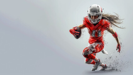 A woman cartoon american football player in red jersey isolated on gray