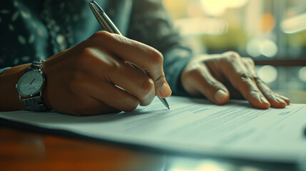 close-up of a person's hand writing on a paper with a pen, clipped to a clipboard, on a desk with a soft-focus background
