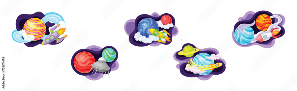 Poster cosmos with celestial body and flying spaceship on fluid purple shape vector composition set