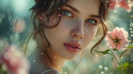 close-up portrait of a girl in a meadow with flowers Generative AI