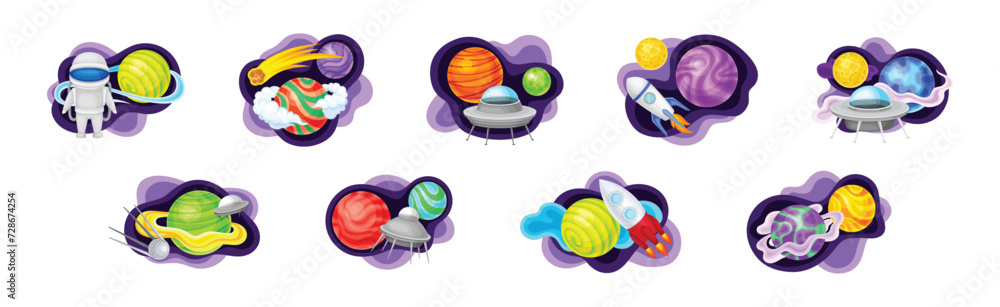 Poster cosmos with celestial body and flying spaceship on fluid purple shape vector composition set