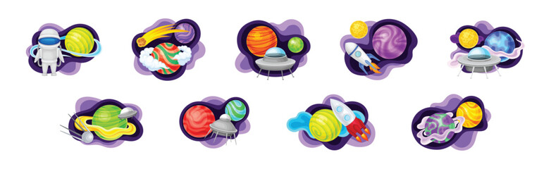 Cosmos with Celestial Body and Flying Spaceship on Fluid Purple Shape Vector Composition Set