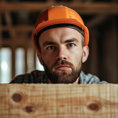 Safety-Conscious Carpenter at Work: Man in Helmet Holding Planks on Construction Site.
