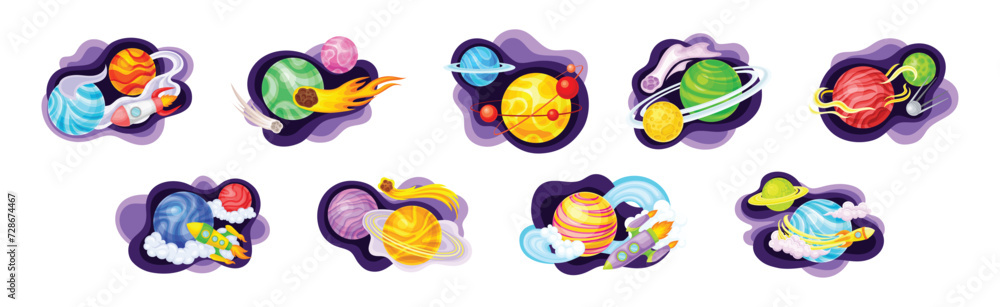 Poster cosmos with celestial body and flying spaceship on fluid purple shape vector composition set